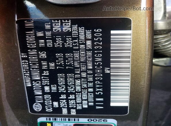 5XYP3DHC5MG132506 2021 KIA TELLURIDE Коричневый Вид наклейки с VIN-кодом