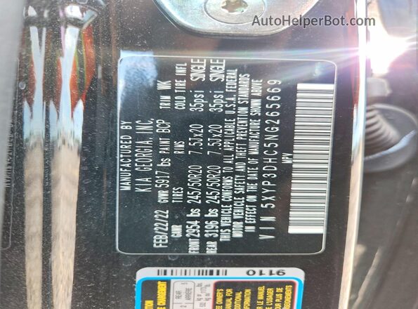 5XYP3DHC5NG265669 2022 KIA TELLURIDE Black Vista de la etiqueta del VIN