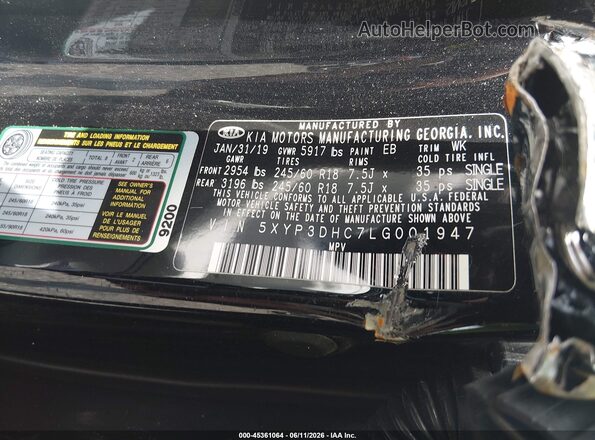 5XYP3DHC7LG001947 2020 KIA TELLURIDE Black Շարժիչի բաժամունքի տեսք