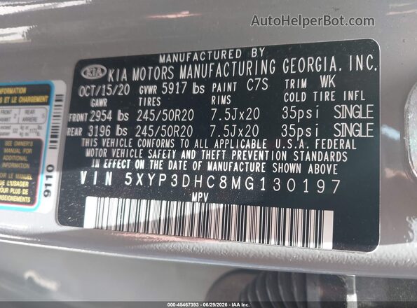 5XYP3DHC8MG130197 2021 KIA TELLURIDE Gray Շարժիչի բաժամունքի տեսք