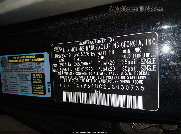 5XYP54HC2LG030735 2020 KIA TELLURIDE Black 