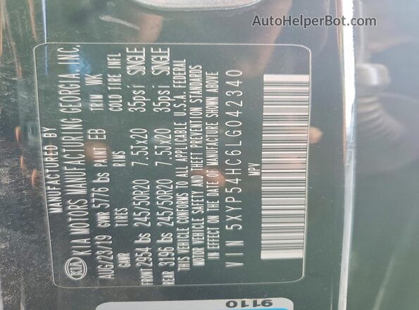 5XYP54HC6LG042340 2020 KIA TELLURIDE Black Widok naklejki z numerem VIN