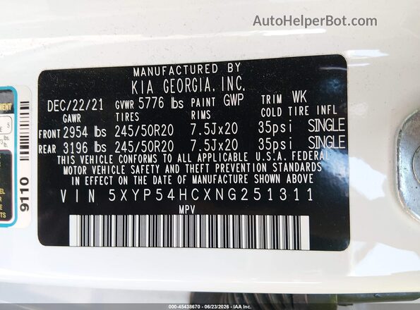 5XYP54HCXNG251311 2022 KIA TELLURIDE White Вид підкапотного простору