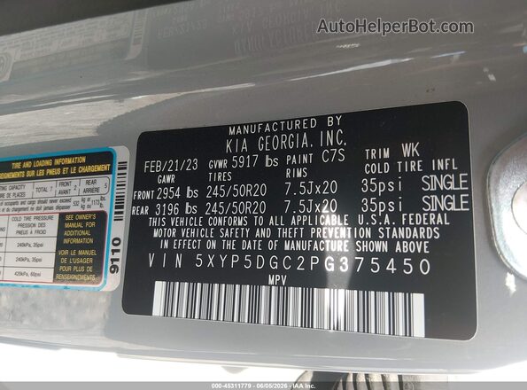 5XYP5DGC2PG375450 2023 KIA TELLURIDE Gray Widok komory silnika