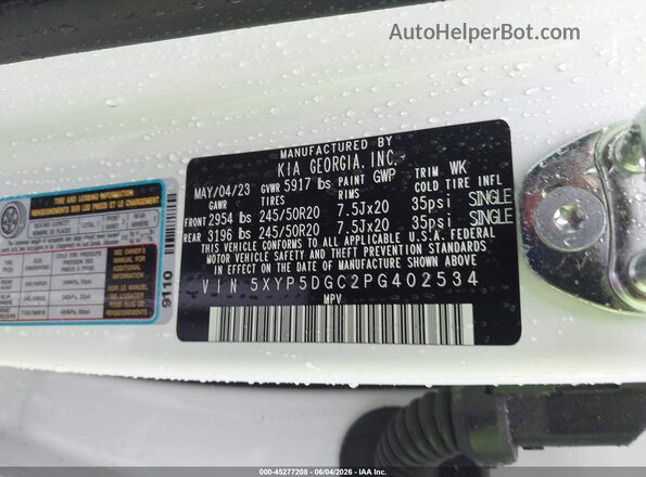5XYP5DGC2PG402534 2023 KIA TELLURIDE White Вид підкапотного простору