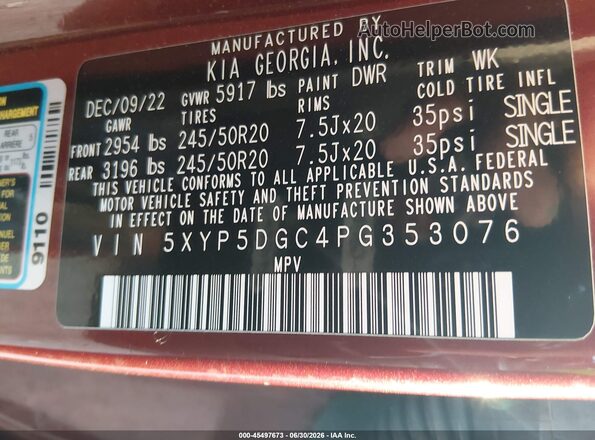 5XYP5DGC4PG353076 2023 KIA TELLURIDE Red Engine compartment view