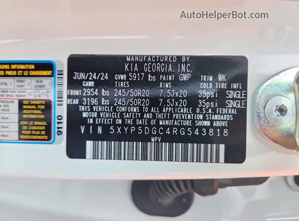 5XYP5DGC4RG543818 2024 KIA TELLURIDE White Вид наклейки з VIN-кодом