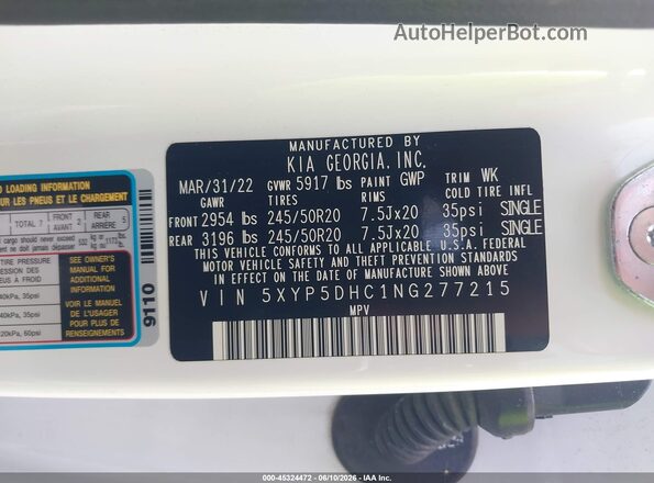5XYP5DHC1NG277215 2022 KIA TELLURIDE White Vista del compartimento del motor