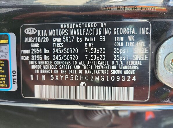 5XYP5DHC2MG109324 2021 KIA TELLURIDE Black Vista de la etiqueta del VIN