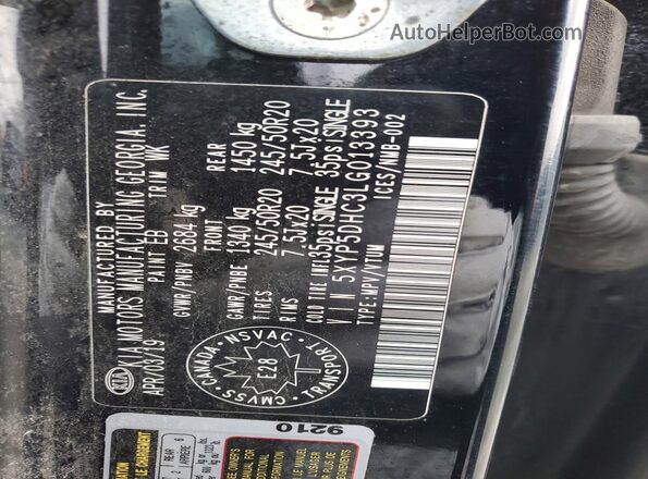 5XYP5DHC3LG013393 2020 KIA TELLURIDE Black Панорамний вид салону 360°