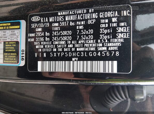 5XYP5DHC3LG045678 2020 KIA TELLURIDE Black Widok komory silnika