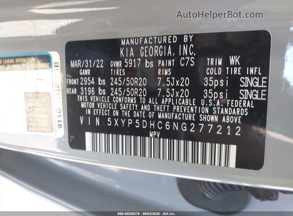 5XYP5DHC6NG277212 2022 KIA TELLURIDE Gray Widok komory silnika