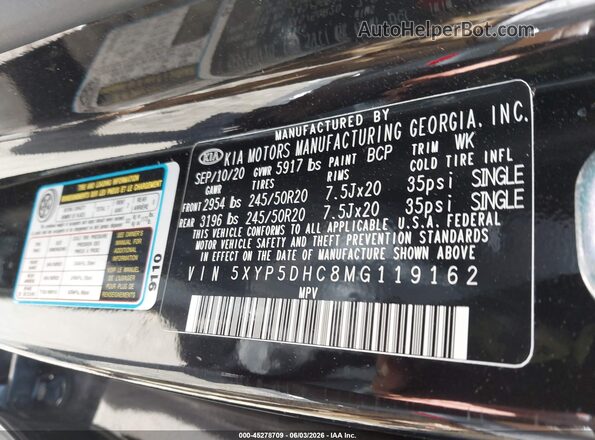 5XYP5DHC8MG119162 2021 KIA TELLURIDE Black VIN կոդի պիտակի տեսք