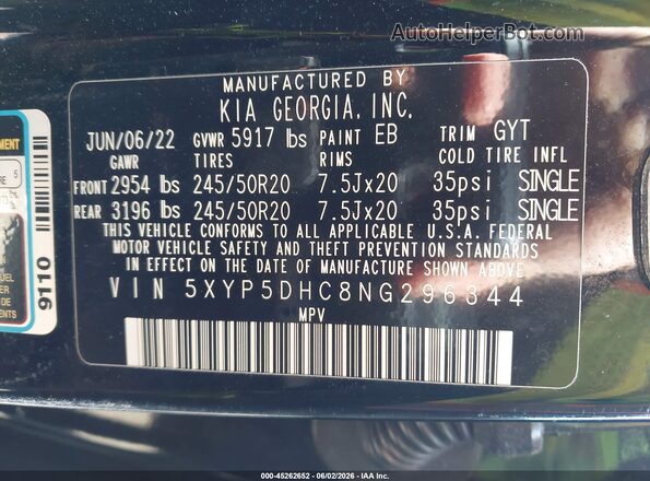 5XYP5DHC8NG296344 2022 KIA TELLURIDE Black Engine compartment view