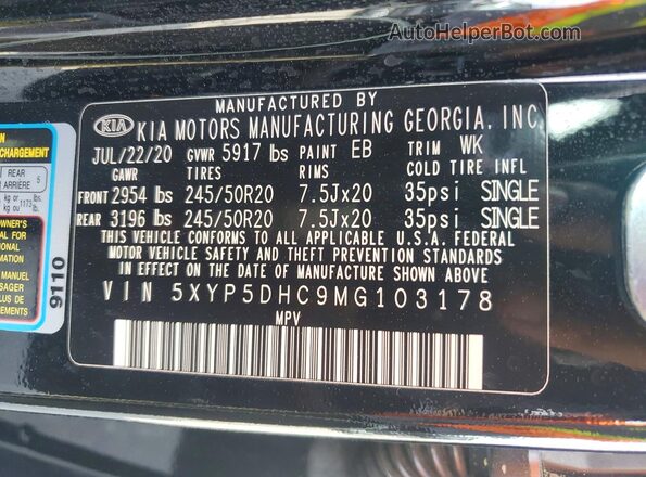 5XYP5DHC9MG103178 2021 KIA TELLURIDE Black Widok naklejki z numerem VIN