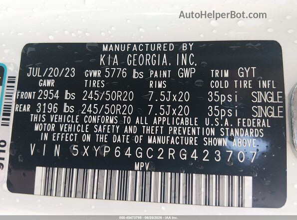 5XYP64GC2RG423707 2024 KIA TELLURIDE White Շարժիչի բաժամունքի տեսք