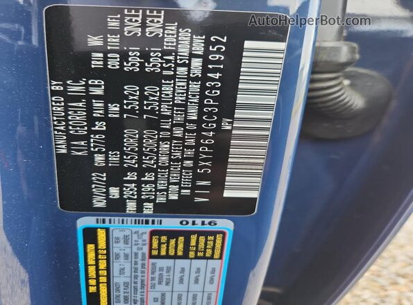 5XYP64GC3PG341952 2023 KIA TELLURIDE Blue Вид наклейки з VIN-кодом
