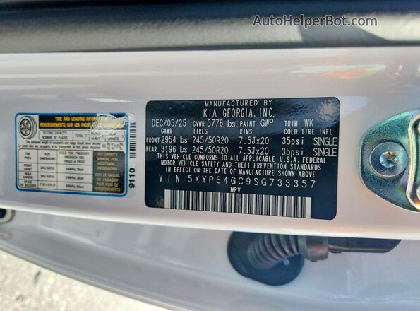 5XYP64GC9SG733357 2025 KIA TELLURIDE White VIN sticker view