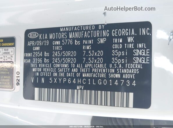 5XYP64HC1LG014734 2020 KIA TELLURIDE White Widok komory silnika