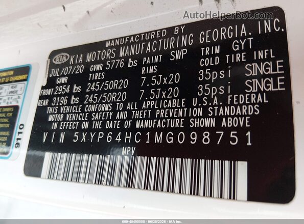 5XYP64HC1MG098751 2021 KIA TELLURIDE White Widok komory silnika