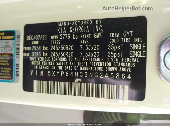 5XYP64HC3NG245864 2022 KIA TELLURIDE White Շարժիչի բաժամունքի տեսք