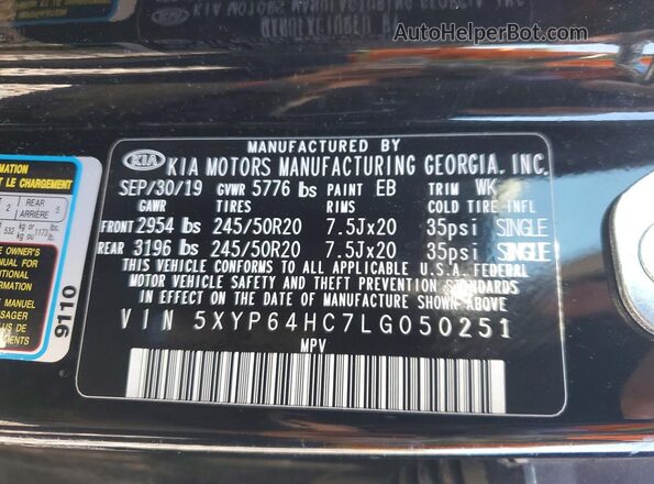 5XYP64HC7LG050251 2020 KIA TELLURIDE Black Vista interior de 360 grados