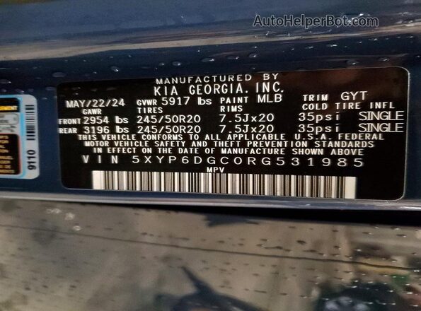 5XYP6DGC0RG531985 2024 KIA TELLURIDE Blue VIN კოდის სტიკერის ხედი