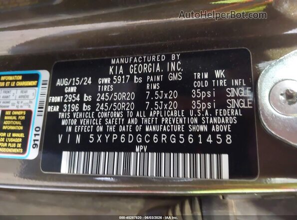 5XYP6DGC6RG561458 2024 KIA TELLURIDE Brown Շարժիչի բաժամունքի տեսք