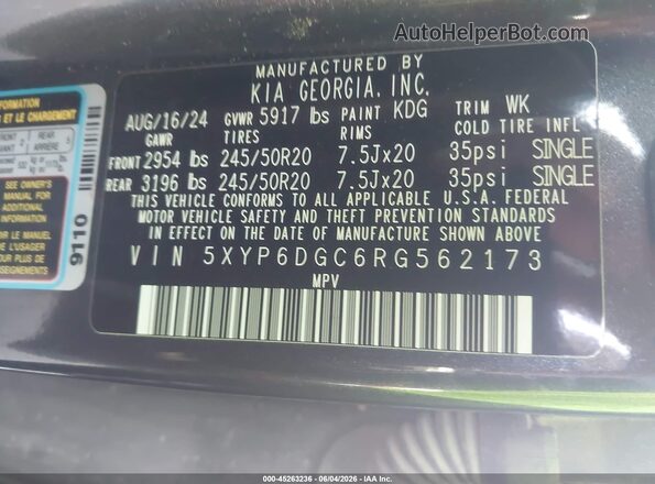 5XYP6DGC6RG562173 2024 KIA TELLURIDE Gray Engine compartment view