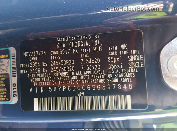 5XYP6DGC6SG597348 2025 KIA TELLURIDE Blue Շարժիչի բաժամունքի տեսք