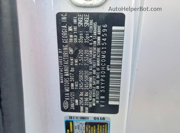 5XYP6DHC0MG154596 2021 KIA TELLURIDE White Vista de la etiqueta del VIN