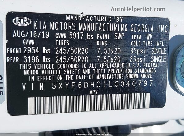 5XYP6DHC1LG040797 2020 KIA TELLURIDE White Engine compartment view