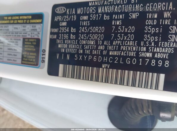 5XYP6DHC2LG017898 2020 KIA TELLURIDE White 