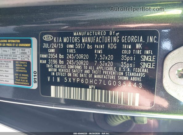 5XYP6DHC7LG035443 2020 KIA TELLURIDE Gray Vista del compartimento del motor