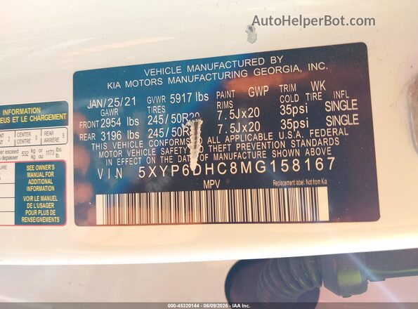 5XYP6DHC8MG158167 2021 KIA TELLURIDE White Շարժիչի բաժամունքի տեսք