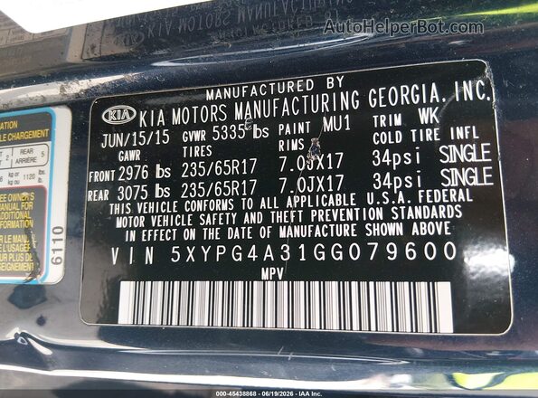 5XYPG4A31GG079600 2016 KIA SORENTO Синий Вид подкапотного пространства