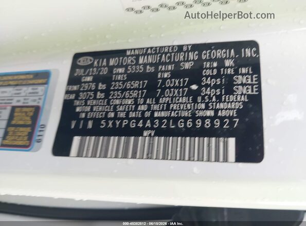 5XYPG4A32LG698927 2020 KIA SORENTO White Widok komory silnika