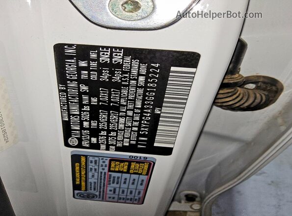 5XYPG4A33GG185224 2016 KIA SORENTO White Widok naklejki z numerem VIN