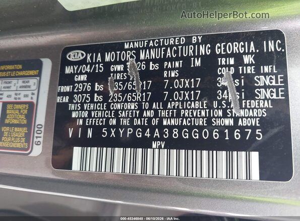 5XYPG4A38GG061675 2016 KIA SORENTO Gray Widok komory silnika