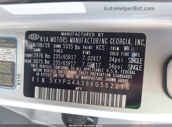 5XYPG4A38KG562218 2019 KIA SORENTO Silver Widok komory silnika