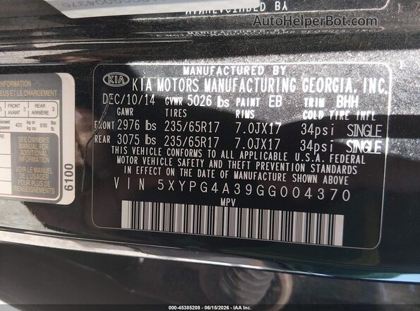 5XYPG4A39GG004370 2016 KIA SORENTO Black Շարժիչի բաժամունքի տեսք