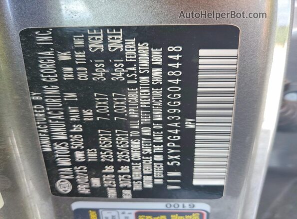 5XYPG4A39GG048448 2016 KIA SORENTO Gray 