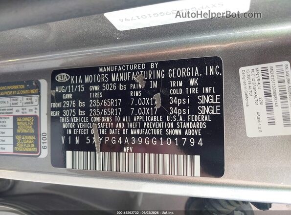 5XYPG4A39GG101794 2016 KIA SORENTO Gray Շարժիչի բաժամունքի տեսք