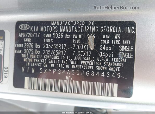 5XYPG4A39JG344349 2018 KIA SORENTO Silver ძრავის განყოფილების ხედი