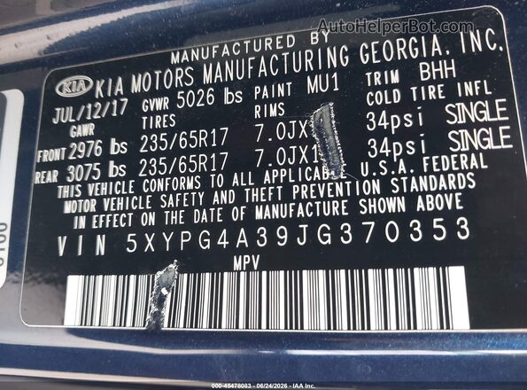 5XYPG4A39JG370353 2018 KIA SORENTO Blue Vista del compartimento del motor