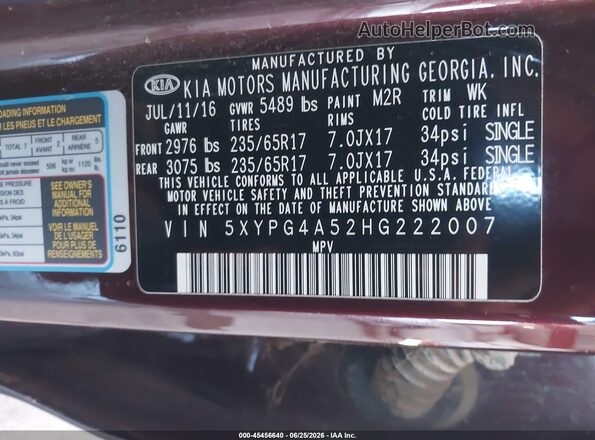 5XYPG4A52HG222007 2017 KIA SORENTO Burgundy Engine compartment view