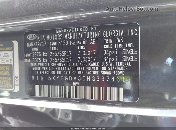 5XYPGDA30HG337431 2017 KIA SORENTO Gray Vista del compartimento del motor