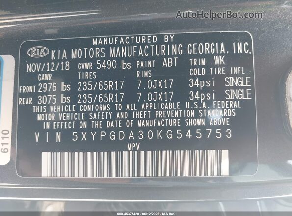 5XYPGDA30KG545753 2019 KIA SORENTO Black ძრავის განყოფილების ხედი