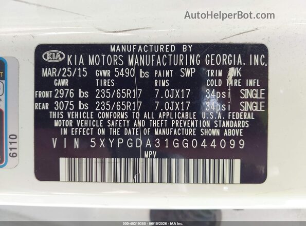 5XYPGDA31GG044099 2016 KIA SORENTO White Engine compartment view