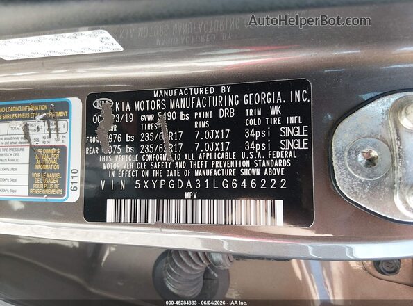 5XYPGDA31LG646222 2020 KIA SORENTO Серый Вид подкапотного пространства